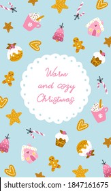 Christmas card with sweets. Vector hand-drawn illustration of cupcakes, gingerbread cookies of different shapes and shapes, decorated for the holidays. Cute Pastel Palette.