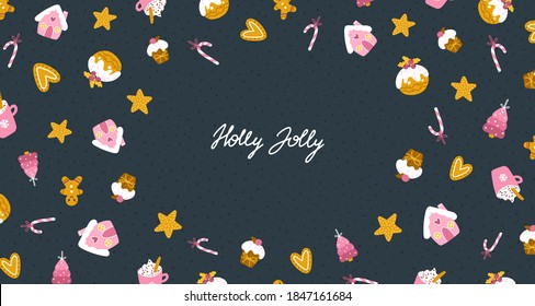 Christmas card with sweets. Vector hand-drawn illustration of cupcakes, gingerbread cookies of different shapes and shapes, decorated for the holidays. Cute Pastel Palette.