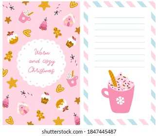 Christmas card with sweets. Vector hand-drawn illustration of cupcakes, gingerbread cookies of different shapes and shapes, decorated for the holidays. Cute Pastel Palette.
