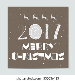 Christmas card with symbol 2017, Merry Christmas and reindeer. Each element is isolated on a brown background. Vector illustration.