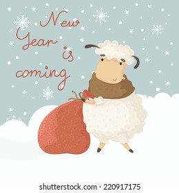 Christmas card with a symbol of the new year. Year of Sheep. Lamb pulls the bag with gifts. Illustration of a cute cartoon sheep. 2015. Eps 10