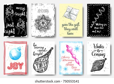 Christmas card tags set, hand drawn style. Merry bright just right, 2018, give the gift they will love, wishing you peace love and joy, winter is coming,  Vector.