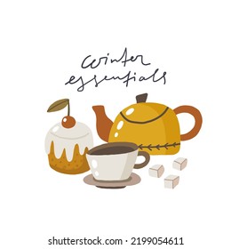Christmas card with teapot, cake  and cups. Hand drawn illustration in cartoon style. Cute concept for xmas. Illustration for the design postcard, textiles, apparel, decor