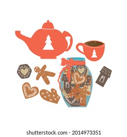 Christmas card. Teapot, tea mug and Christmas cookies. Vector illustration 