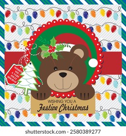 Christmas card with teddy bear and lights pattern