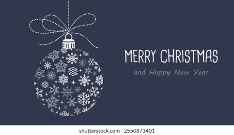 Christmas card template with a Christmas ball made of snowflakes on a blue background. Greeting card, winter illustration