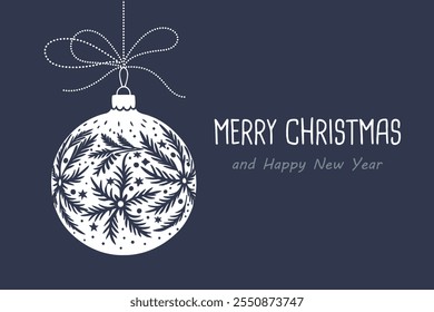 Christmas card template with a Christmas ball made of snowflakes on a blue background. Greeting card, winter illustration