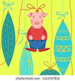 Christmas card template with christmas balls and toy-pig. Christmas Decoration