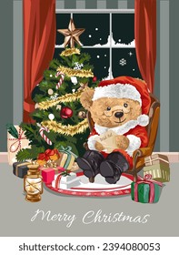 christmas card template with bear doll santa claus sitting by the window and christmas tree vector illustration