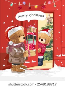 Christmas card template with bear doll lovers holding present boxes in snow vector illustration