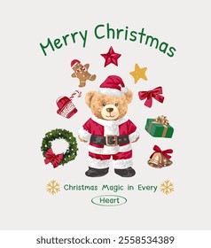 christmas card template with bear doll in santa Claus costume can presents vector illustration