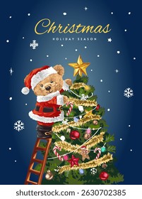 christmas card template with bear doll santa claus and Christmas tree vector illustration