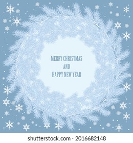 Fondo de Navidad azul con corona blanca y copos de nieve blancos. Tarjeta de Navidad. Ilustración del vector 