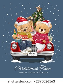 christmas card template with bra doll couple sitting on car truck vector illustration