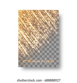 Christmas card template with bright golden glares, falling spangles and rays of light
