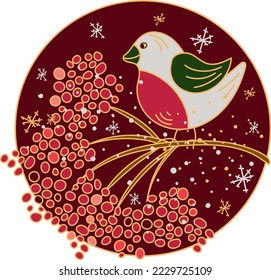 Christmas card template with bullfinch bird on rowan branch doodle style