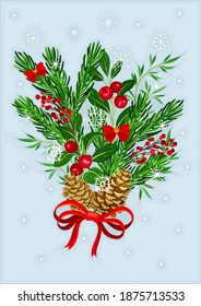 Christmas Card Template with Bunch of Fir Branches, Cones and Berry Twig Vector Illustration