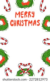 Christmas Card Template with Candy cane and Wreath in cartoon flat style isolated on white background