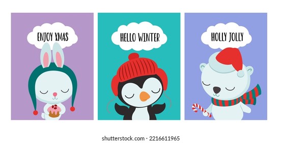 Christmas card template cartoon design. Cute winter characters vector illustration. Adorable baby children print with little bunny, penguin, polar bear. Christmas greeting text and copy space.