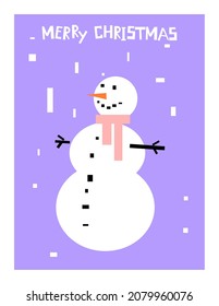 Christmas card template with сartoon character of cheerful snowman. Merry Christmas and Happy New Year concept.