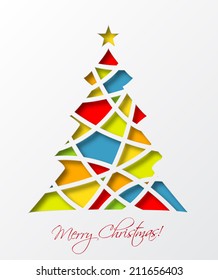 Christmas card template with colored christmas tree and star. Vector illustration.