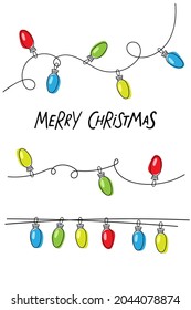 Christmas card Template with Colorful glow light lamp on wire strings and Merry Christmas text. Lights bulbs garland for holiday, christmas and new year party decoration. Christmas glowing garland.