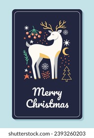 concepto de plantilla de tarjetas de Navidad. Venado blanco cerca del árbol de Navidad y bayas. Año Nuevo y vacaciones de invierno. Cobertura de medios sociales. Dibujo vectorial plano de dibujos animados aislado en fondo azul