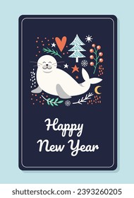 Christmas card template concept. White whale near Christmas tree and berries. New Year and winter holidays. Poster or banner. Cartoon flat vector illustration isolated on blue background