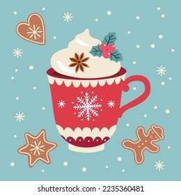 Christmas card template with cup of hot chocolate and gingerbread coockies. Vector illustration. Retro style