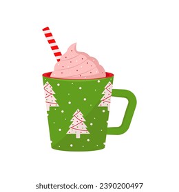 Christmas card template with cup of hot chocolate and gingerbread cookies. Vector illustration. Retro style Happy New Year