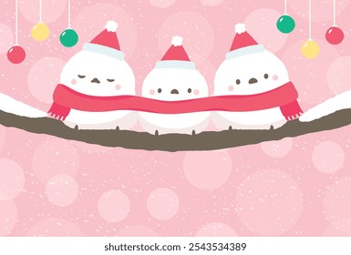 Christmas card template with a cute illustration of a long-tailed tit (white bird) in a wintery snowy landscape_Holiday season	