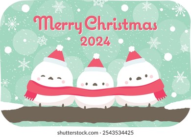 Christmas card template with a cute illustration of a long-tailed tit (white bird) in a wintery snowy scene_Holiday season