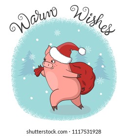 Christmas card template with cute Santa pig. Vector New Year 2019 illustration.