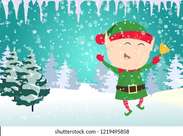 Christmas card template. Dancing Xmas elf with jingle, icicles and snowy fir trees in background. Festive design can be used for banners, posters, postcards