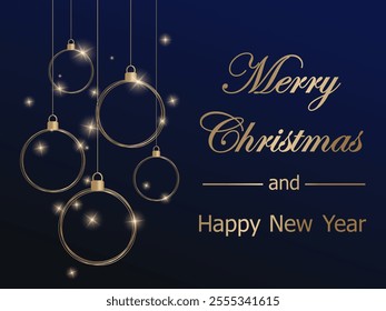 Christmas card, template design for banner, flyer, background with group of golden christmas balls. elegant vector illustration for invitation, poster, greeting en luxury dark blue and gold tones