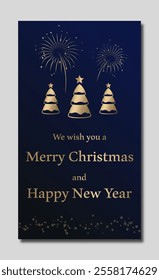 Christmas card, template design for banner, flyer, background with group of golden christmas trees. elegant vector illustration for invitation, poster, greeting en luxury dark blue and gold tones