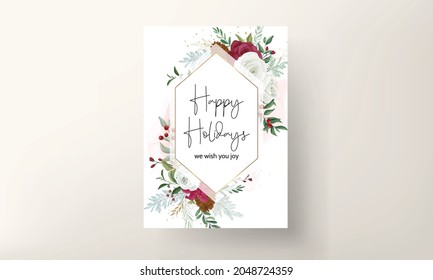 christmas card template design with beautiful flower and gold leaves