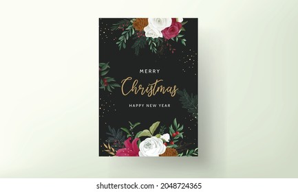 christmas card template design with beautiful flower and gold leaves