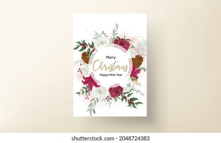 christmas card template design with beautiful flower and gold leaves