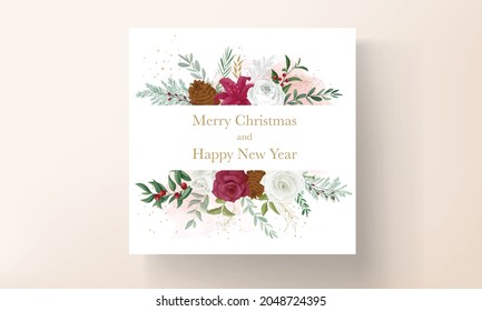 christmas card template design with beautiful flower and gold leaves