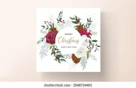 christmas card template design with beautiful flower and gold leaves