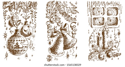 Christmas card template with engraving.