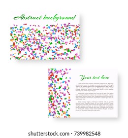Christmas card template with falling colored particles of confetti for festive decoration