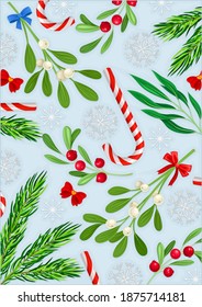 Christmas Card Template with Fir Branches, Mistletoe Berry and Candy Stick Vector Illustration