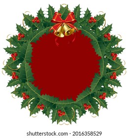 Marco de árbol de abeto de Navidad con campanas y cinta aislada en blanco. Ilustración del vector