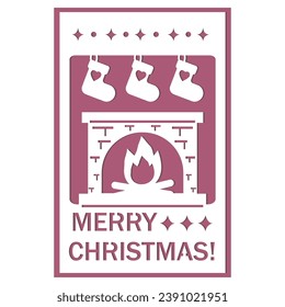 Christmas card template with fireplace and Christmas stocking, file cutting, vector illustration