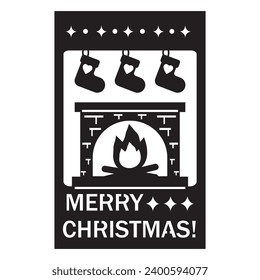 Christmas card template with fireplace and Christmas stocking, file cutting, vector illustration