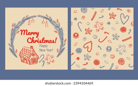 Plantilla de tarjeta de Navidad con ramas de abeto, decoraciones, casa de pan de gallina de Navidad Azul y corona de Navidad roja. Ilustración vectorial para invierno y tarjeta de saludo, afiche, invitación, diseño de banner.