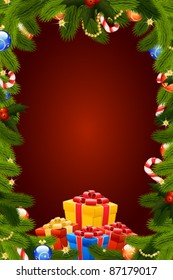 Christmas Card Template with fir-tree mistletoe decoration and gift boxes