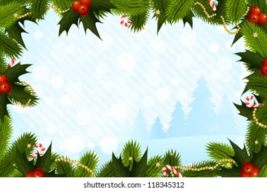 Christmas Card Template with Fir-Trees and Decorations